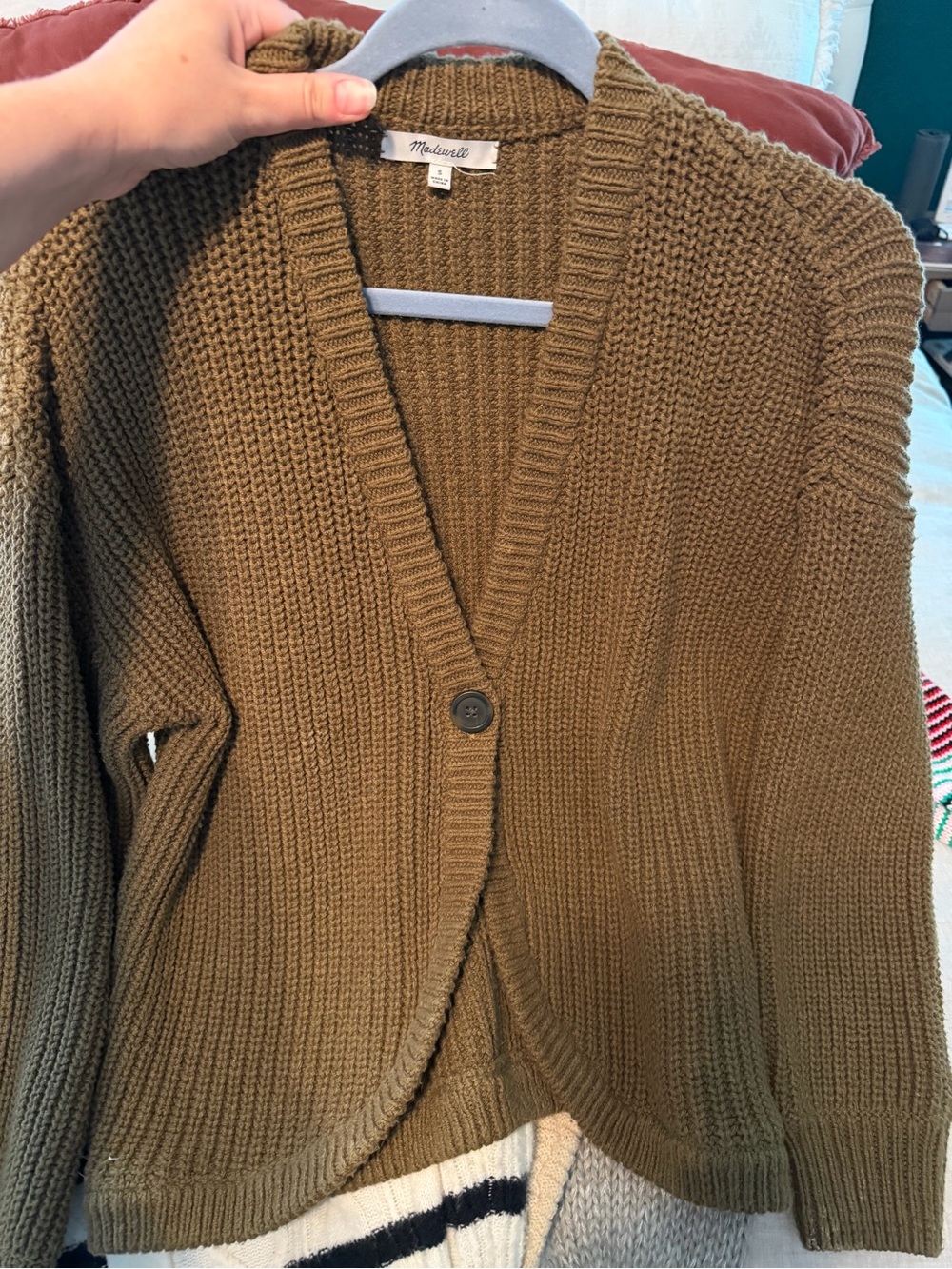 Madewell Olive-Toned Single-Button Chunky Knit Cardigan